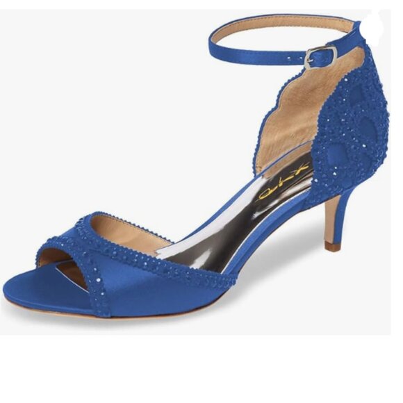 XYD Shoes - XYD Blue Chic Peep Toe D'Orsay Kitten Heel Rhinestone Studs Ankle Strap Sandals